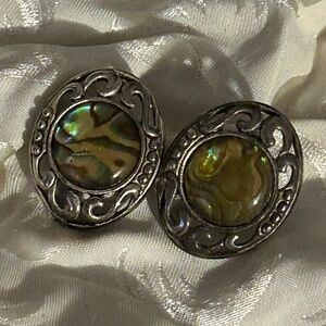 😉Bundle Days😉 Abalone Seashell Earrings Ornate Silver Toned Wave Metal Frame